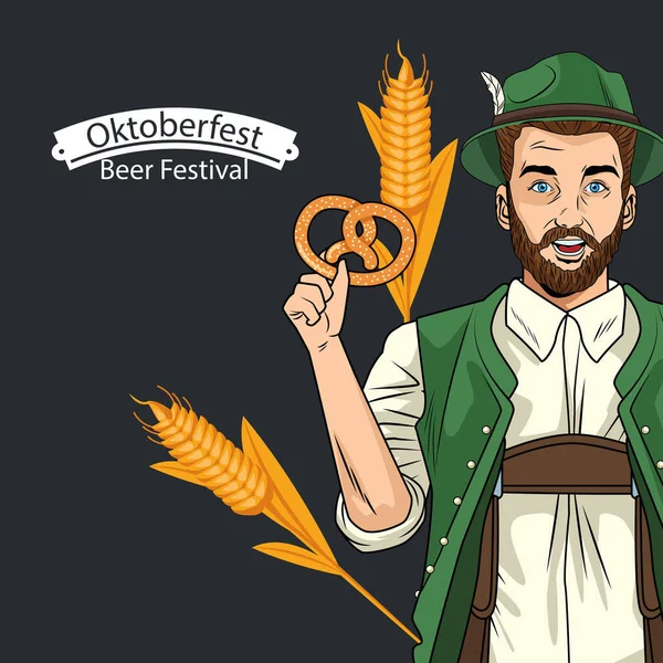 Oktoberfest uomo cartone animato con panno tradizionale e pretzel disegno vettoriale — Vettoriale Stock