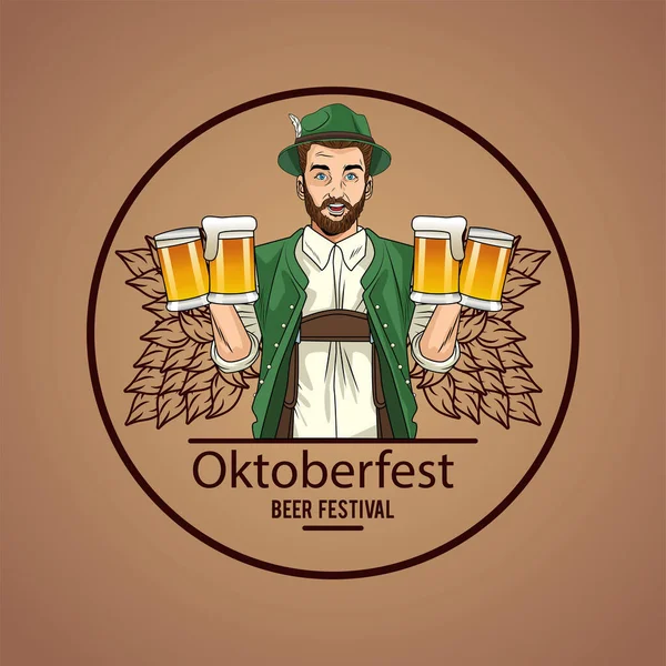 Oktoberfest man κινουμένων σχεδίων με παραδοσιακό ύφασμα και ποτήρια μπύρας διανυσματικό σχεδιασμό — Διανυσματικό Αρχείο