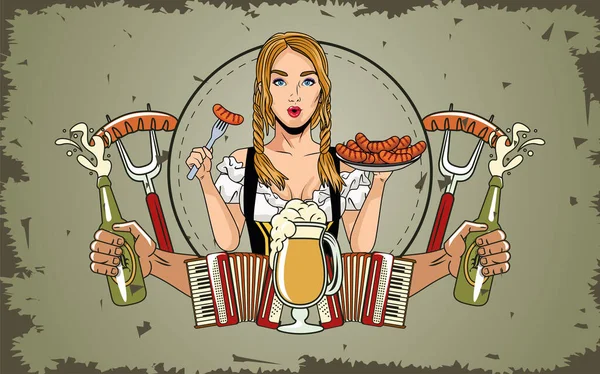 Oktoberfest vrouw cartoon met traditionele doek worsten bier flessen glas en accordeon vector ontwerp — Stockvector