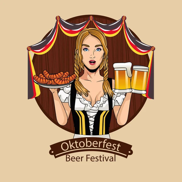 Oktoberfest donna cartone animato con bicchieri di birra panno tradizionale e salsicce vettoriale design — Vettoriale Stock