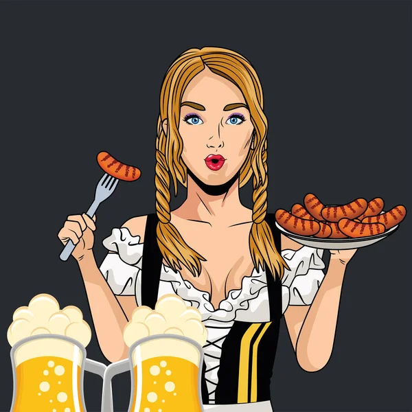 Oktoberfest vrouw cartoon met traditionele doek bier glazen en worsten vector ontwerp — Stockvector