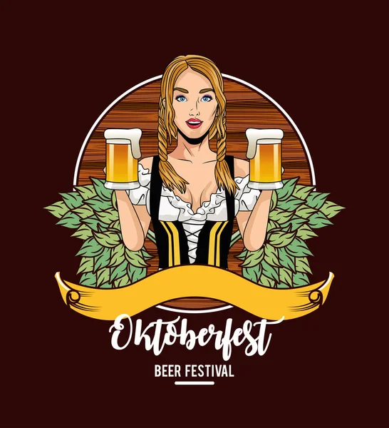 Oktoberfest kvinna tecknad med traditionella tyg och öl glasögon vektor design — Stock vektor