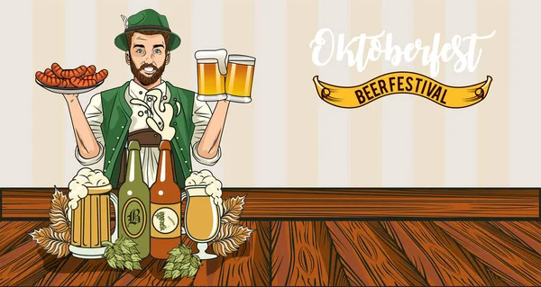 Oktoberfest man cartoon met traditionele doek worsten bier bril en flessen vector ontwerp — Stockvector