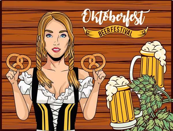 Oktoberfest kvinna tecknad med traditionella tyg kringlor och öl glasögon vektor design — Stock vektor