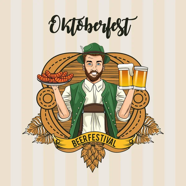 Oktoberfest man cartoon met traditionele doek bier glazen en worsten vector ontwerp — Stockvector