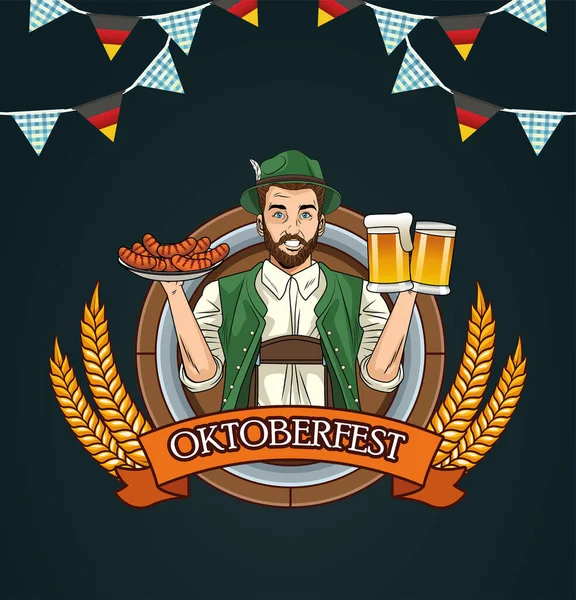 Oktoberfest-Männerkarikatur mit traditionellen Stoffbiergläsern und Würstchen-Vektordesign — Stockvektor