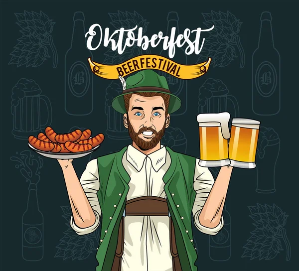 Oktoberfest uomo cartone animato con tradizionali bicchieri di birra stoffa e salsicce vettoriale design — Vettoriale Stock