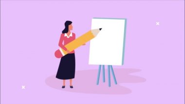 Kağıt tahta animasyonunda kalemle yazan zarif bir iş kadını.