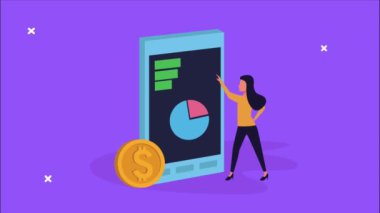 Genç kadın ve madeni para ekommerce teknolojisi ile akıllı telefon aygıtı