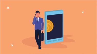 İş adamı ve madeni para ekommerce teknolojisine sahip akıllı telefon aygıtı