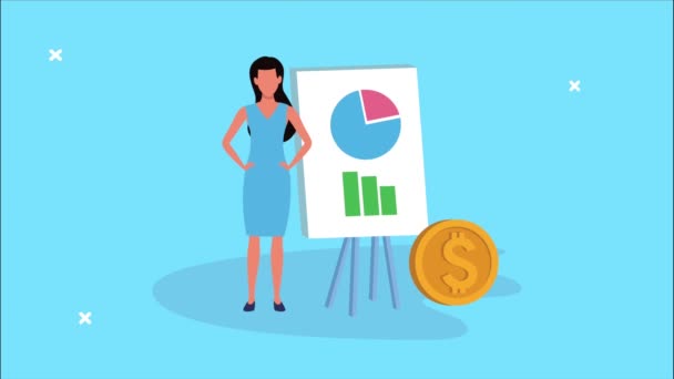 Animação financeira com empresária e estatísticas em cartão — Vídeo de Stock