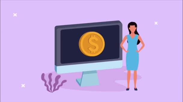 Настільний пристрій з технологією електронної комерції жінки та монети — стокове відео