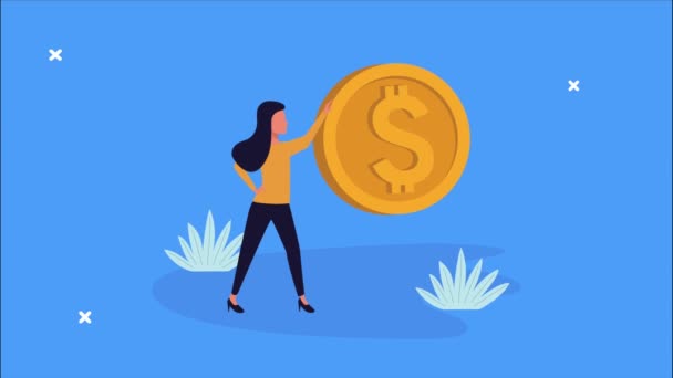 Finansiell animation med affärskvinna och mynt — Stockvideo