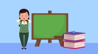 kadın öğretmen karakter animasyonu kara tahta ve kitaplarla