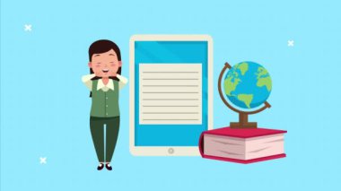 akıllı telefon ve dünya haritalarıyla kadın öğretmen karakter animasyonu