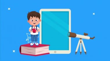Akıllı telefonu ve teleskopu olan küçük okul çocuğu animasyon karakteri.
