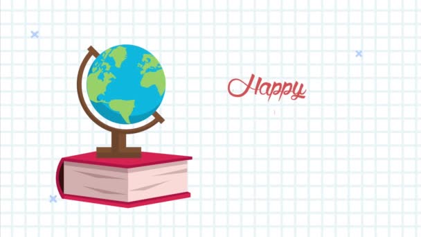 Letras de animación feliz día de los profesores con mapa del mundo y libro — Vídeos de Stock