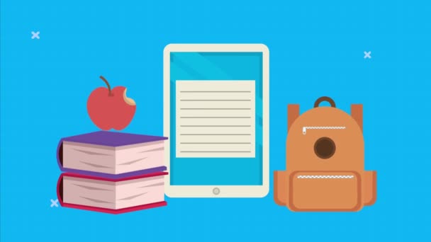 Back to school animation with supplies and smartphone — Stock Video