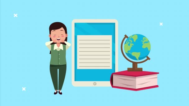 Vrouwelijke leraar karakter animatie met smartphone en aarde kaarten — Stockvideo
