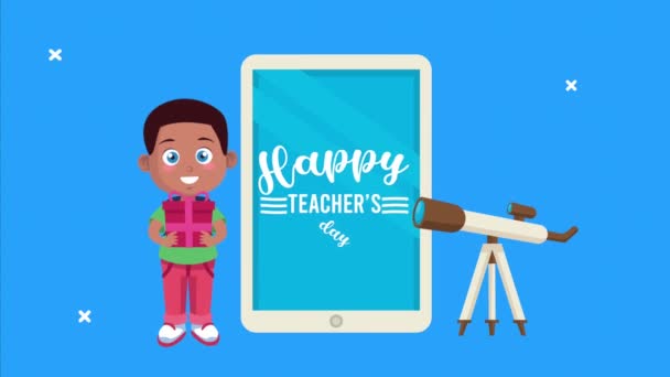 Šťastný učitelé den animace nápisy s afro školák a smartphone — Stock video