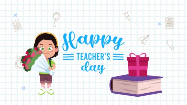 快乐的教师日动画信上有女学生和花束 — 图库视频影像