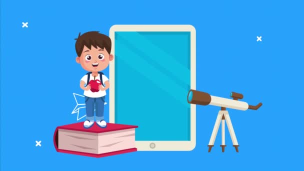 Kleine schooljongen animatie karakter met smartphone en telescoop — Stockvideo