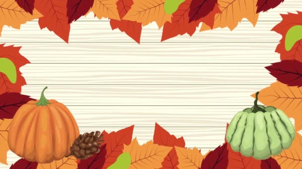 Γεια animation φθινόπωρο με φύλλα και φρούτα πλαίσιο — Αρχείο Βίντεο