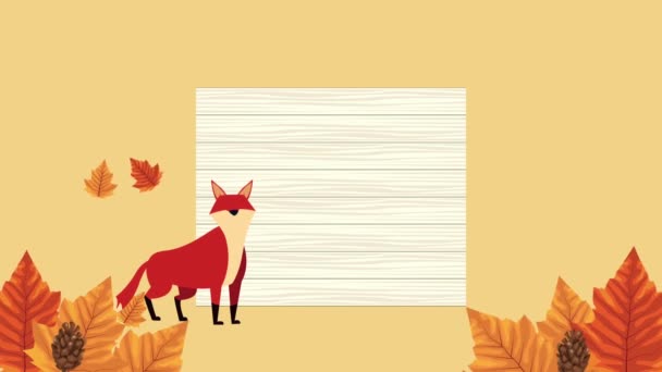 你好秋天的动画与野生狐狸在叶框里 — 图库视频影像