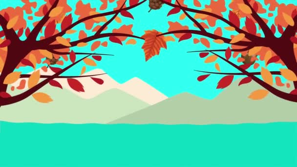 Γεια φθινόπωρο animation με κλαδιά δέντρων και φύλλα τοπίο σκηνή — Αρχείο Βίντεο
