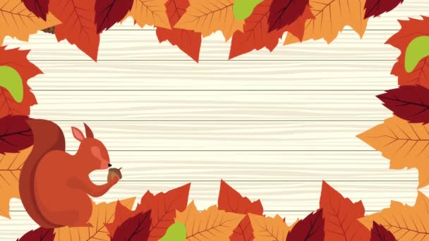 Hej höst animation med ekorre och blad i trä bakgrund — Stockvideo