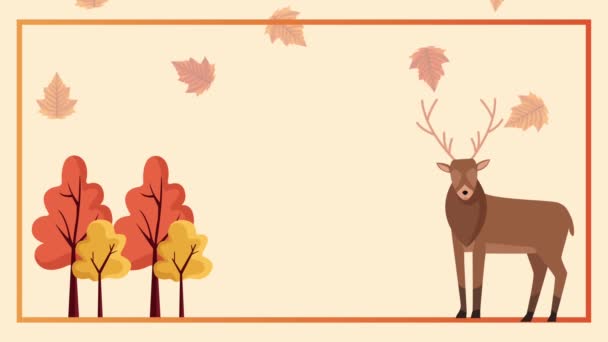Привіт осінь анімація з оленями і деревами в квадратній рамці — стокове відео