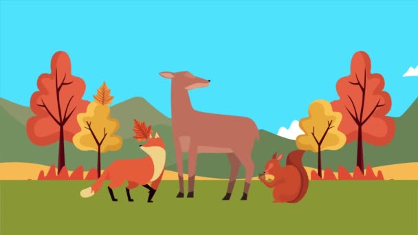 Geyik ve orman hayvanlarıyla sonbahar animasyonuna merhaba. — Stok video