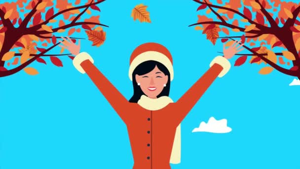 Hello autumn animation with beautiful woman and trees scene — Stock Video