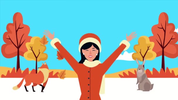 Привіт осінь анімація з красивою жінкою і тваринами — стокове відео