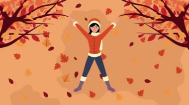 Merhaba sonbahar animasyonu. Güzel bir kadın ve yaprak sahnesi.