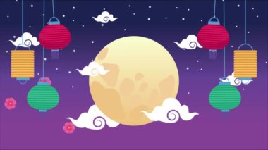 Ay ve lambaların asılı olduğu sonbahar festivali animasyonu