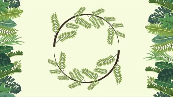 Exótica tropical hojas ecología animación corona corona de la corona de flores en fondo verde — Vídeos de Stock