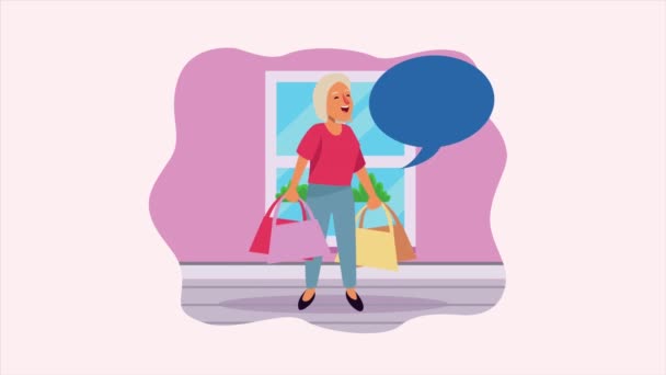 Ηλικιωμένη γυναίκα με τσάντες για ψώνια και φούσκα ομιλίας — Αρχείο Βίντεο