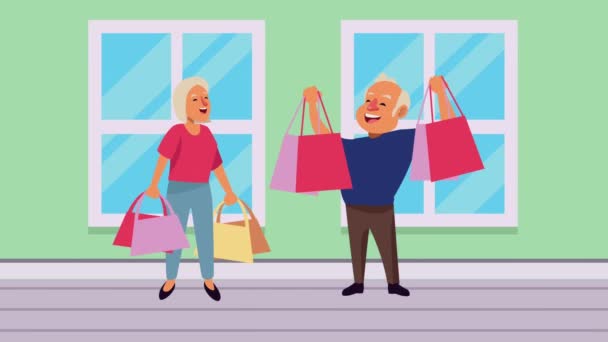 Persone anziane coppia con shopping bags personaggi di animazione — Video Stock