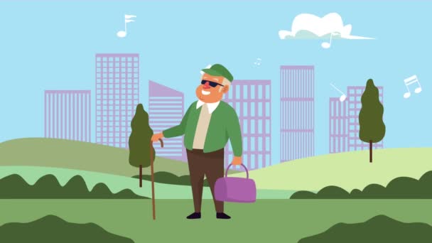 Oude man in het park scene animatie karakter — Stockvideo