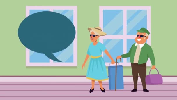 Old persons couple with suitcases animation characters — Stock Video