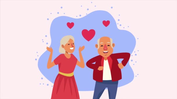 Пожилые люди танцуют с персонажами анимации сердца — стоковое видео