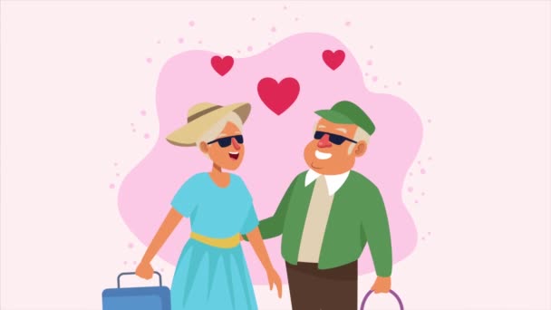 Ηλικιωμένοι ζευγάρι με βαλίτσες και καρδιές χαρακτήρες κινουμένων σχεδίων — Αρχείο Βίντεο