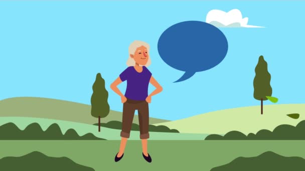 Oude vrouw met spraakbel in het kamp animatie karakter — Stockvideo
