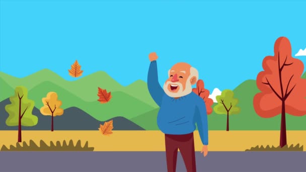秋の風景アニメのキャラクターの老人 — ストック動画