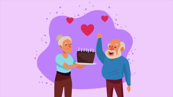 Old persons couple with cupcake and hearts animation characters — Stock Video