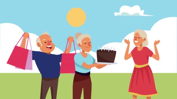 Old people group in the camp animation characters — Stock Video