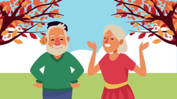 Old persons couple in the field animation characters — Stock Video