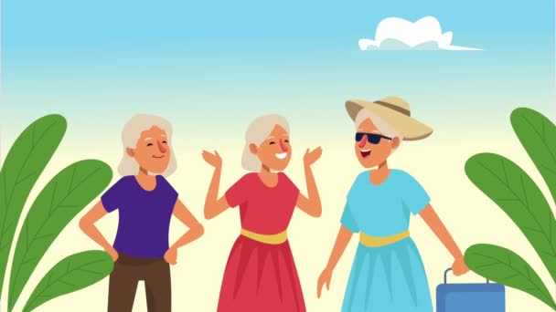 Oude vrouwen groep vrienden animatie personages — Stockvideo