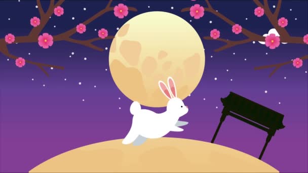 Mid autumn festival animation with rabbit and moon in garden — Stock Video